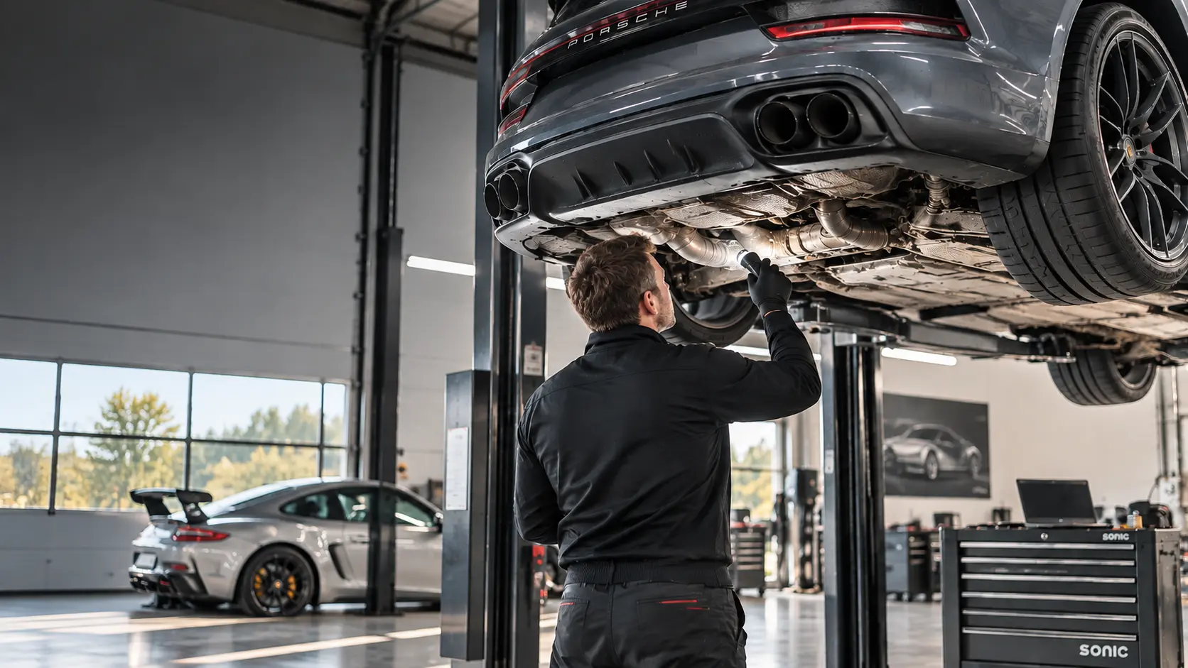 Technische Fahrzeugprüfung eines Porsche